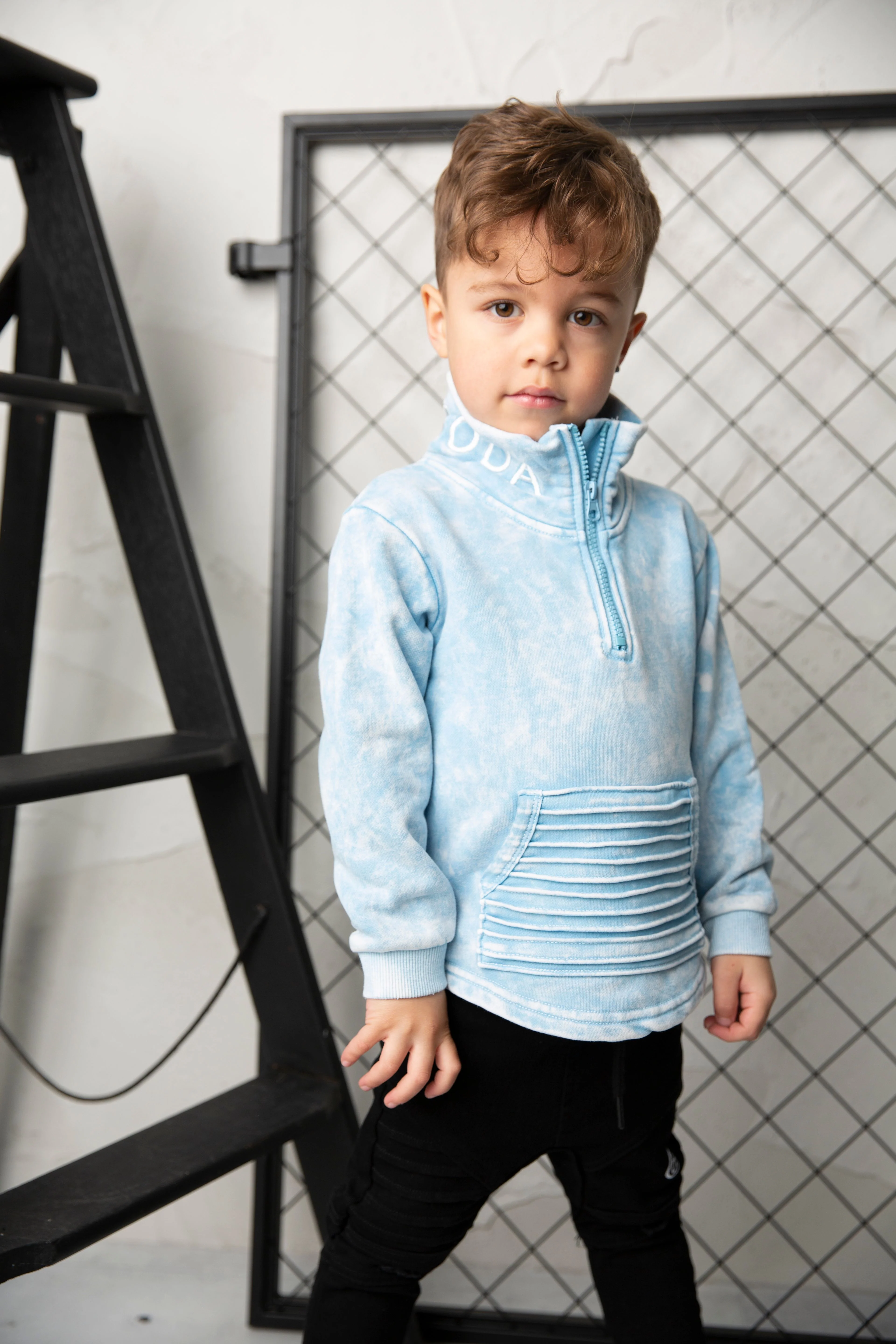 Ash Detailed Zip Collar Crew - Ice Blue