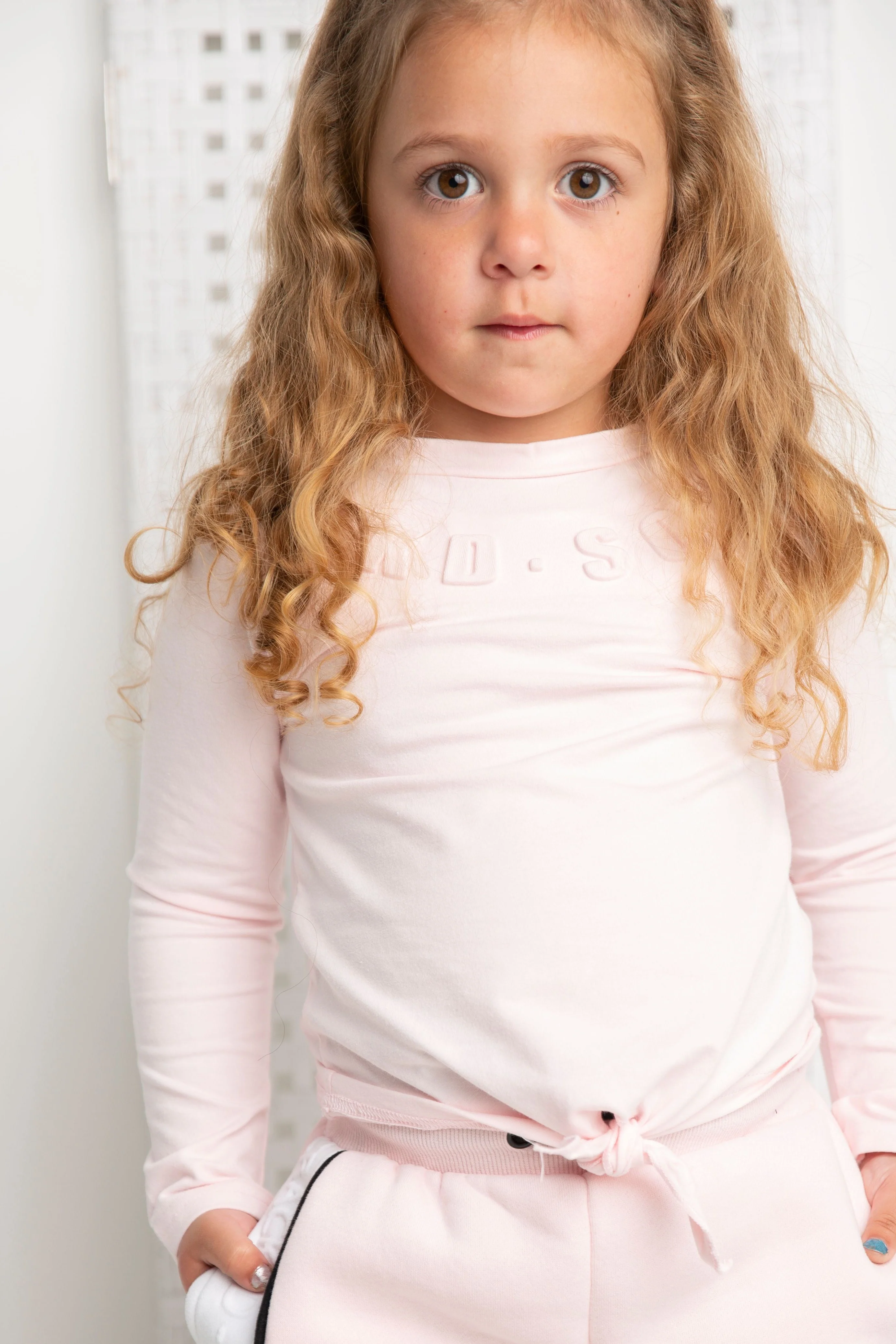 Cleo Embossed Neck L/S Tie Top - Pink - Image 3