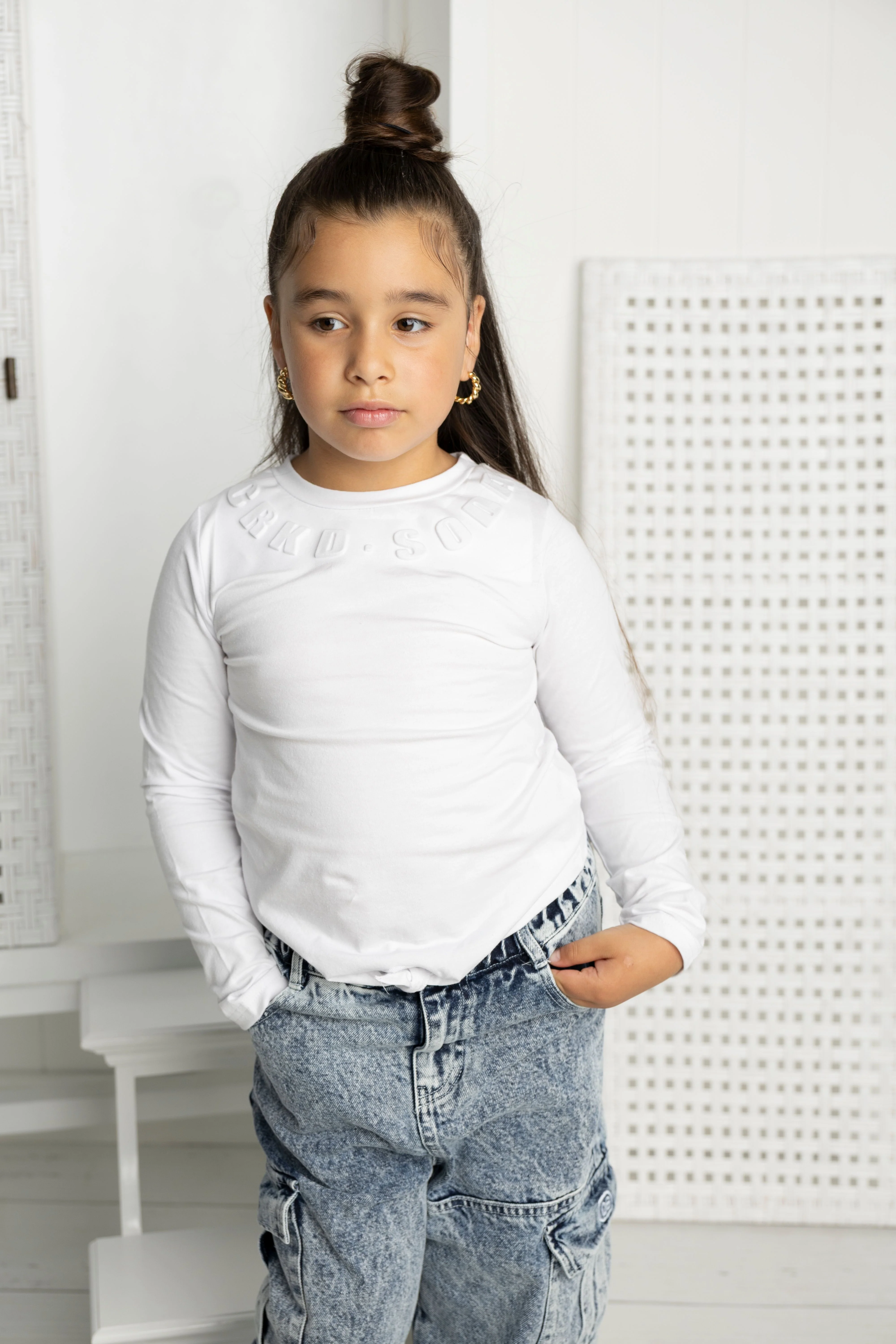 Cleo Embossed Neck L/S Tie Top - White