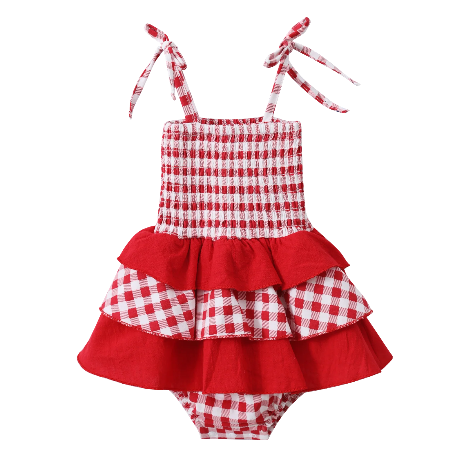 Poppy Check Ruched Summer Layered Dress - Image 7