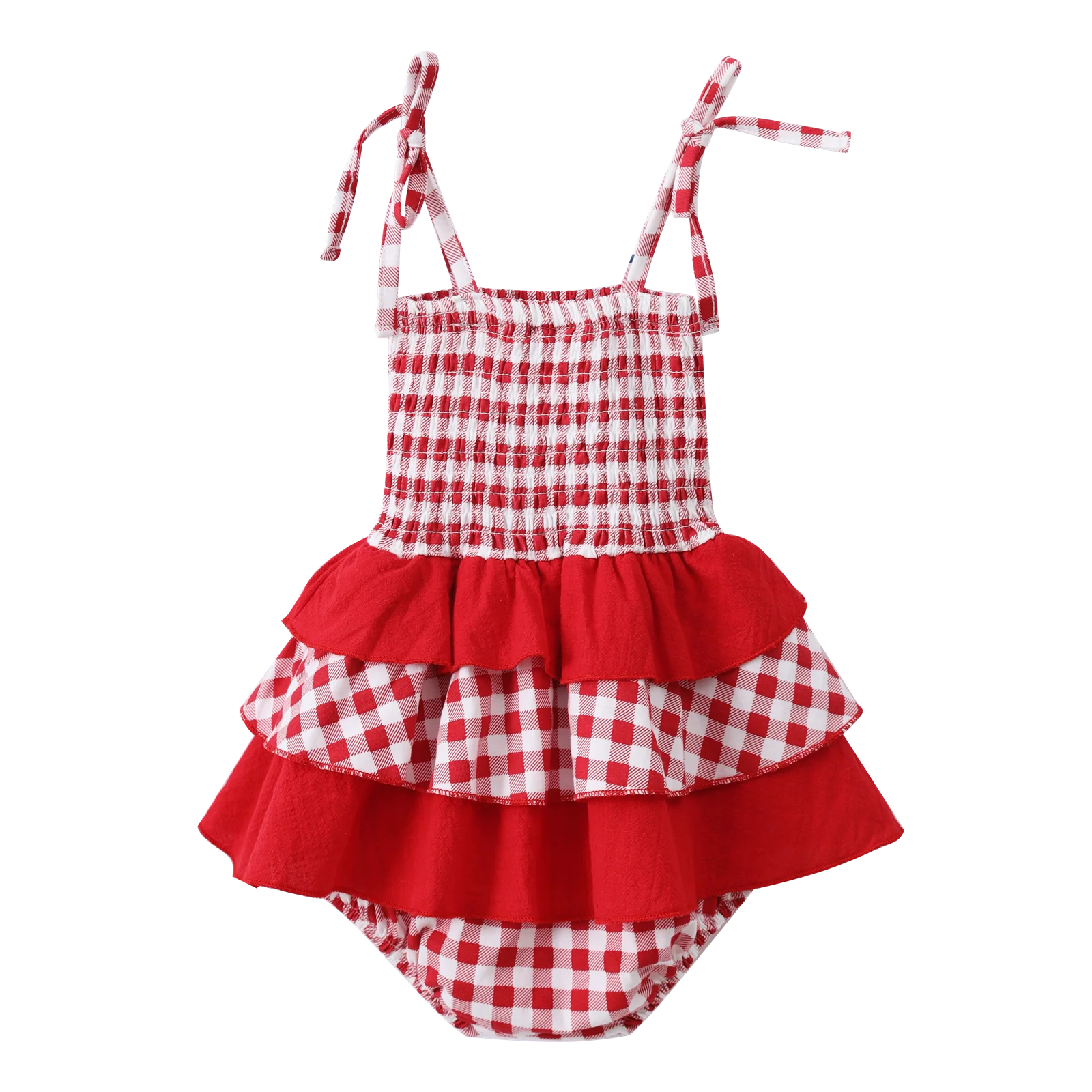 Poppy Check Ruched Summer Layered Dress - Image 8