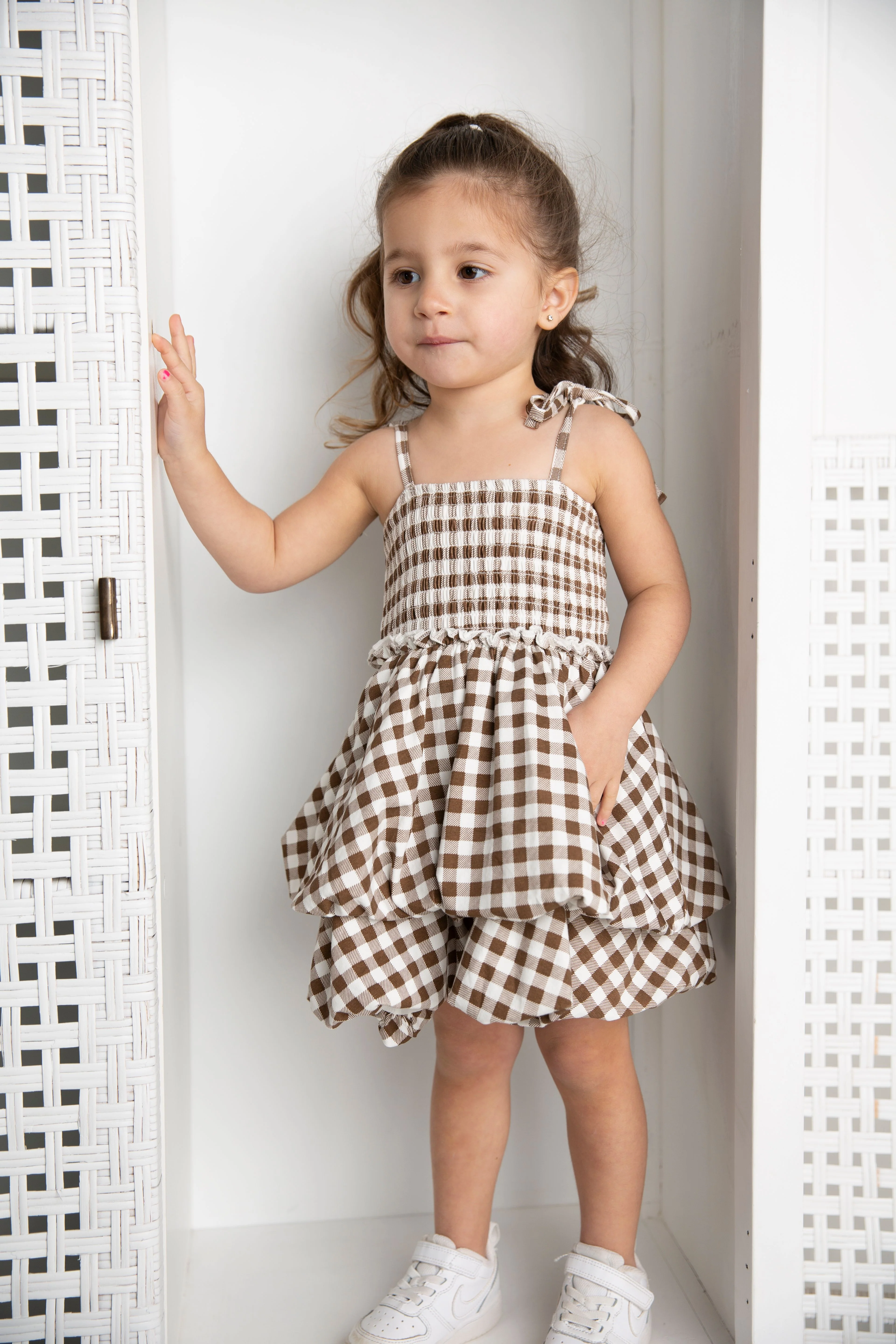 Skylar Check Bubble Dress - Mocha - Image 4