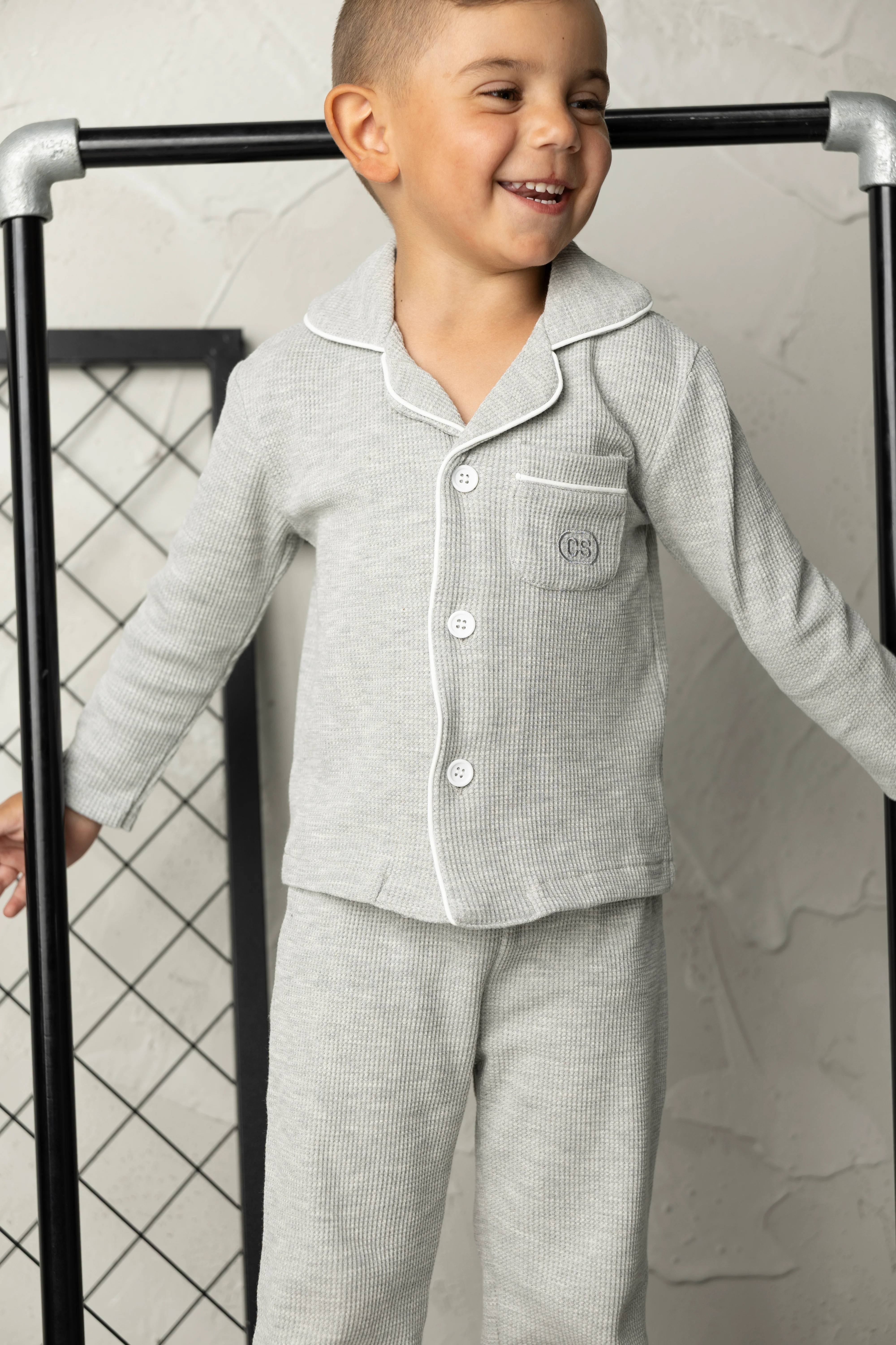 Waffle Button Up Pyjamas - Grey Marle - Image 2